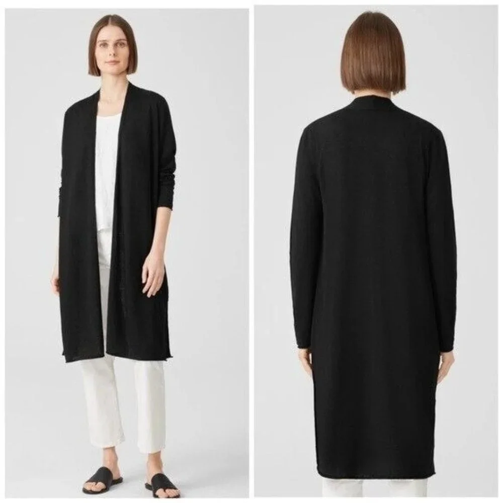 Eileen Fisher Organic Linen Cotton Jersey Long Cardigan Black Women’s Size 2X - Picture 1 of 10